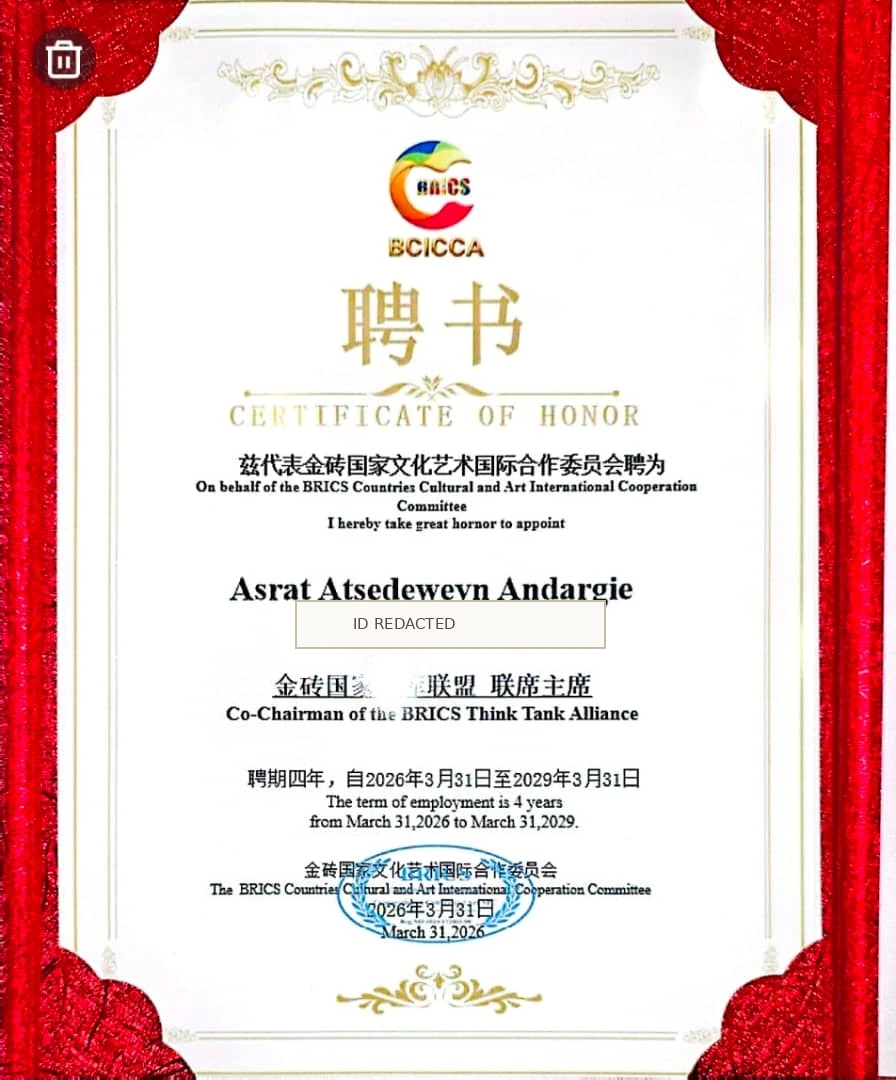 Certificate of appointment naming Dr. Asrat co-chairman of the BRICS Think Tank Alliance; passport number has been redacted